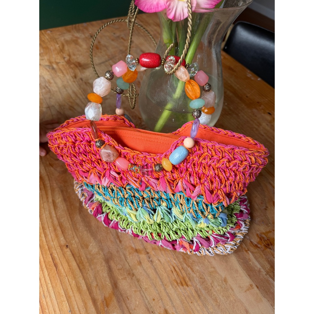 Cappelli Straworld Multicolor Crochet Toyo Handbag Beaded Rope Handle bright - Picture 4 of 8